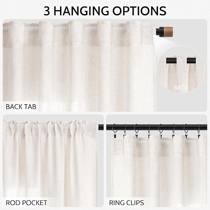 Semi Sheer Linen Curtains 120 Inches for Living Room Sets Back Tab Flax Textured Natural Ivory White Extra Long Curtain Privacy Chic Light Filtering High Window Drapes Bedroom 52X120,2 Panel
