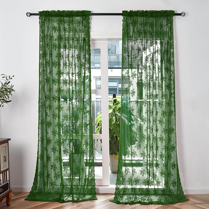 Emerald Green Sheer Curtains 72 Inches Long 2 Panels Set, Rusitc Floral Vintage Hunter Green Lace Curtains for Living Room, Rod Pocket Privacy Moody Dark Green Sheer Lace Curtain, Each 52 x 72 Inch