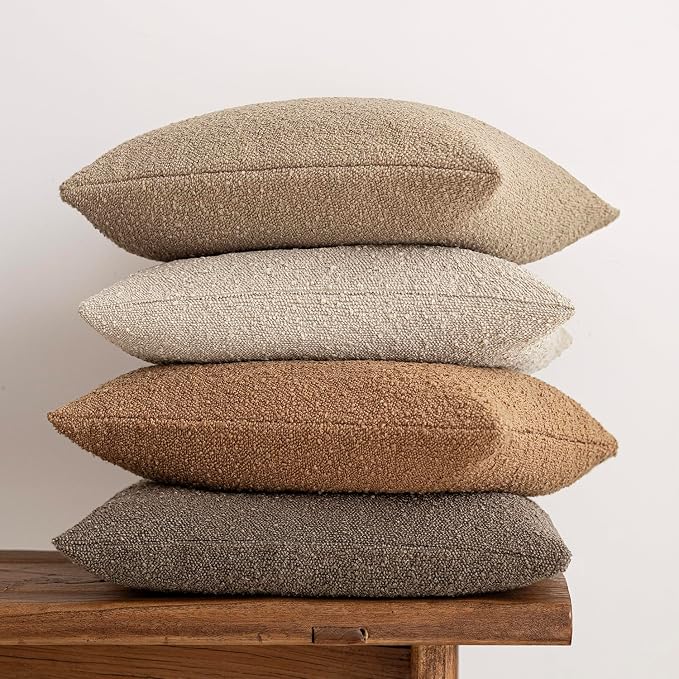 Foindtower Accent Solid Pillow Cases Textured Boucle Throw Pillow Covers Cozy Modern Decorative Couch Cushion Case for Chair Sofa Bed Living Room Home Decor, Pack of 2, 18 x 18 Inch,Tobacco