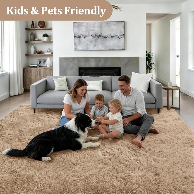 Fluffy 5x7 Area Rugs for Living Room Bedroom: Ultra Soft Shag Rug Non-Slip Non-Shedding Small Plush Bedside Rug Indoor Floor Carpets for Kids Room Playroom Entryway Nursery Dorms Home Decor Beige