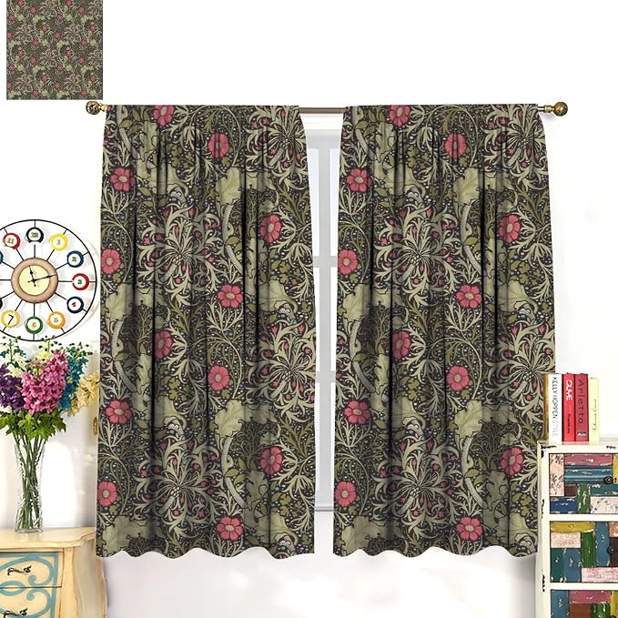 Vintage Flower Blackout Curtains, William Morris Style Art Floral Rustic Plant Wildflower Window Drapes, for Living Room Bedroom 36(W)*63(L) 2 Panels