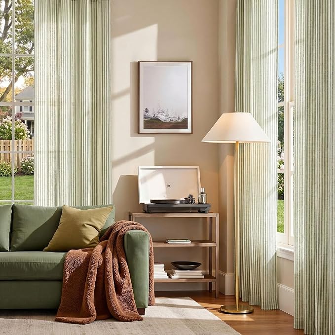 jinchan Linen Curtains 108 inch Sage Green Stripe on Beige Grommet 2 Panels | Curtains for Living Room Bedroom,Ticking Stripe Pattern,Pinstripe Farmhouse Rustic,Window Treatment,Light Filtering
