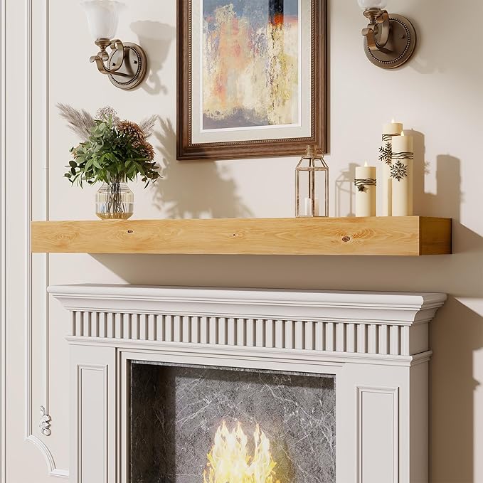 Marsmiles Fireplace Mantel Shelf 72 Inch, Rustic Handcrafted Wood Mantles for Over Fireplace, Farmhouse Wall Mounted Floating Shelves for Living Room Decor & Display, 72W x 3H x 8D, Honey Maple