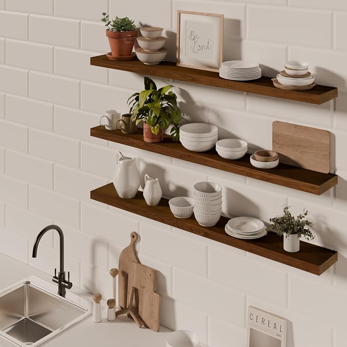 ROGMARS 48Inches Long Walnut Floating Shelves,Rustic Solid Wood Farmhouse Wall Shelves with Invisible Brackets for Bathroom, Living Room, Bedroom, Kitchen Set of 3