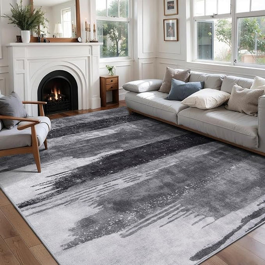 Ciicool Modern Abstract Grey Black Rug for Living Room, 8'x10' Machine Washable Area Rug Non-Slip Rug, Low-Pile Contemporary Indoor Dining Floor Carpet for Bedroom Office Under Table Home Decor