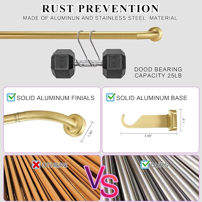 Brass Disc Curtain Rods, 28-48 Inches Window Curtain Rod,Adjustable Room Darkening Drapery Rod with Aluminum Finials and Brackets,Wrap Around Design