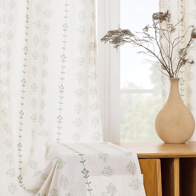 Sage Green Floral Patterned Curtains 63 Inch Length, Cottage Core Boho Farmhouse Linen Semi Sheer Drapes for Living Room Bedroom Dining Room 63 in Long 2 Panels Set