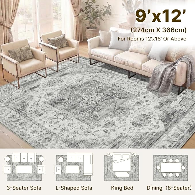 9x12 Area Rug for Living Room-Vintage Farmhouse Boho Floral Washable Stain Resistant Indoor Carpet for Bedroom Office and Home Decor(Black&Grey)