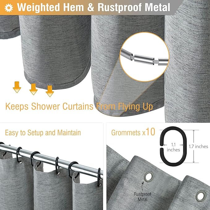 BTTN Stall Fabric Shower Curtain - 60x84 Inch Long Linen Textured Heavy Duty Shower Curtain Set with 10 Plastic Hooks, Narrow Spa Decorative Neutral Waterproof Shower Curtains for Bathroom, Gray/Grey