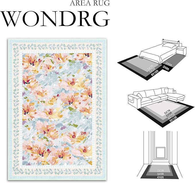 2x8 Washable Runner Rug Blue Floral Abstract Hallway Kitchen Throw Rug Modern Non Slip Soft Low Pile Carpet for Bathroom Laundry Bedroom Living Room