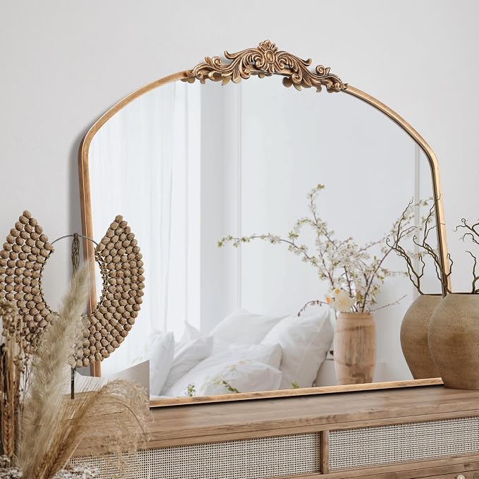 PERFNIQUE Vintage Mirror, 36" X 30" Arched Antique Baroque Mirror, Gold Traditional Wall Decor, Ornate Decor Anthro Look Alike Decor for Bathroom Living Room Fireplace Entryway Hallway