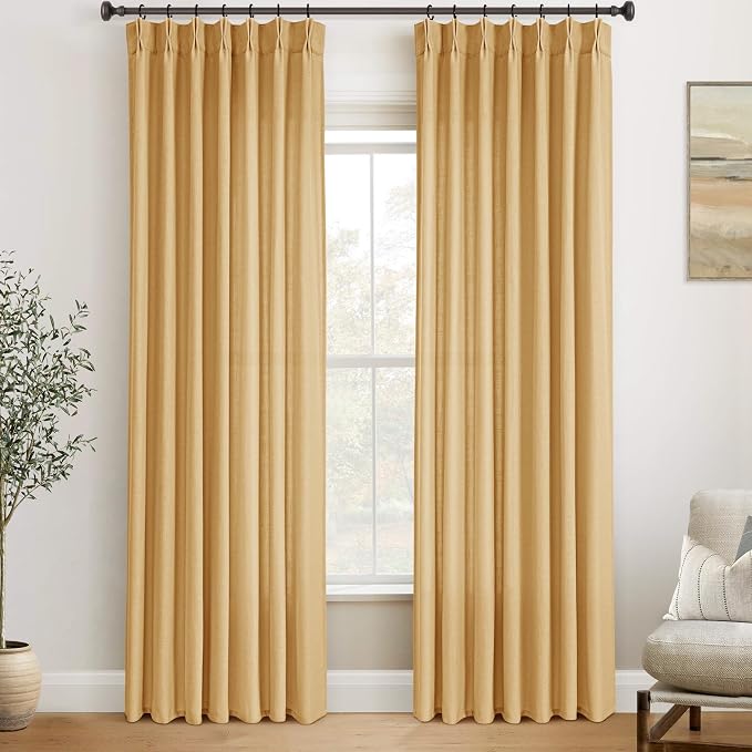 Pinch Pleated Mustard Yellow Linen Curtains 84 inches Long for Living Room 2 Panel Set Light Fitering Semi Sheer Yellow Window Curtain Pleat with Hooks Rustic Farmhouse Bedroom Drapes Length 84"