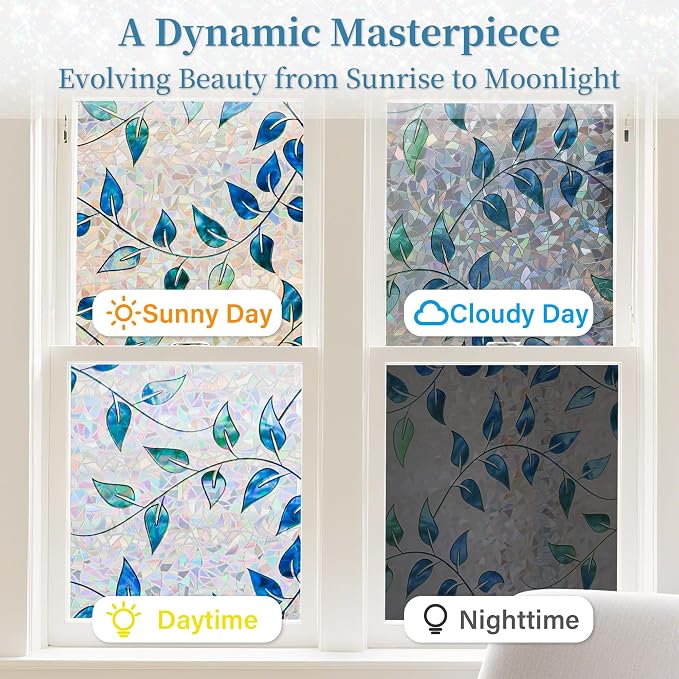 Finnez Window Privacy Film 3D Static Cling Window Film with Rainbow Effect, No Glue Heat Control & 99% UV Blocking for Home Office, Decorative Glass Cover 17.5" x 13.1'