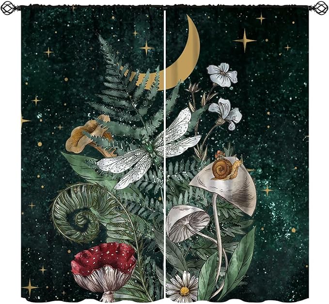 Vintage Mushroom Curtains, Watercolor Fern Botanical Mushroom Herbs Nature Plants Moon Stars Dark Green Universe Blackout Window Treatments for Kitchen Bedroom, 42" W X 45" L