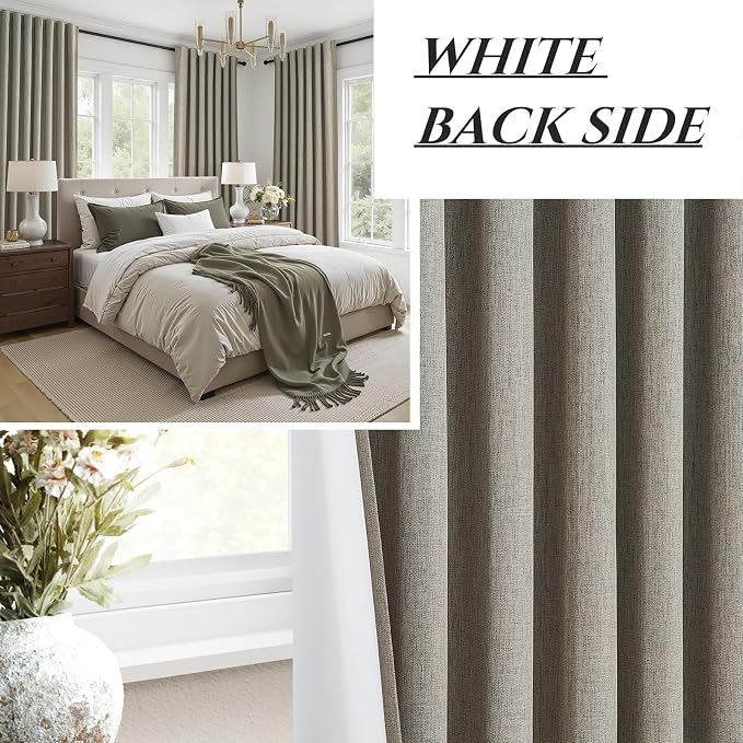 Grey Green Blackout Linen Curtains 108 Inches Long for Living Room/Bedroom, Pleated Window Track Heavy Curtain for winter with Pin Hooks Boho Dark Green Drapes Thermal Insulated (50"Wx108"Lx2Panels)