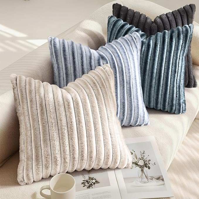decorUhome Fall Cozy Faux Fur Throw Pillow Covers 20x20 Set of 2 Decorative Soft Plush Striped Modern Farmhouse Boho Couch Pillow Cases with Velvet Back for Sofa Bed Living Room, Grey White