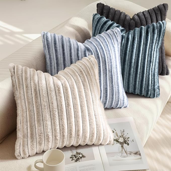 decorUhome Fall Cozy Faux Fur Throw Pillow Covers 20x20 Set of 2 Decorative Soft Plush Striped Modern Farmhouse Boho Couch Pillow Cases with Velvet Back for Sofa Bed Living Room, Dark Grey