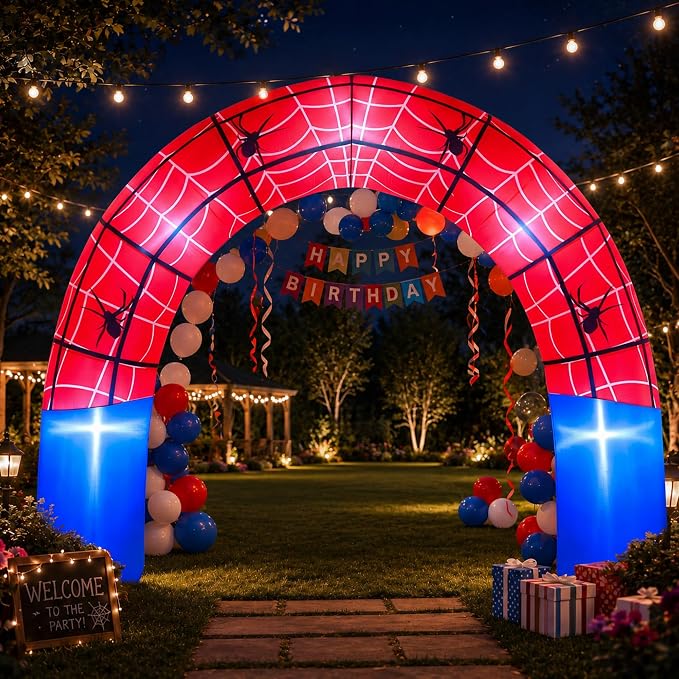 Jenaai 8ft Giant Spider Web Inflatable Arch Blow up Inflatable Outdoor Yard Decorations with Built in LED Lights Red Spider Web Theme Birthday Party Decor for Garden Lawn