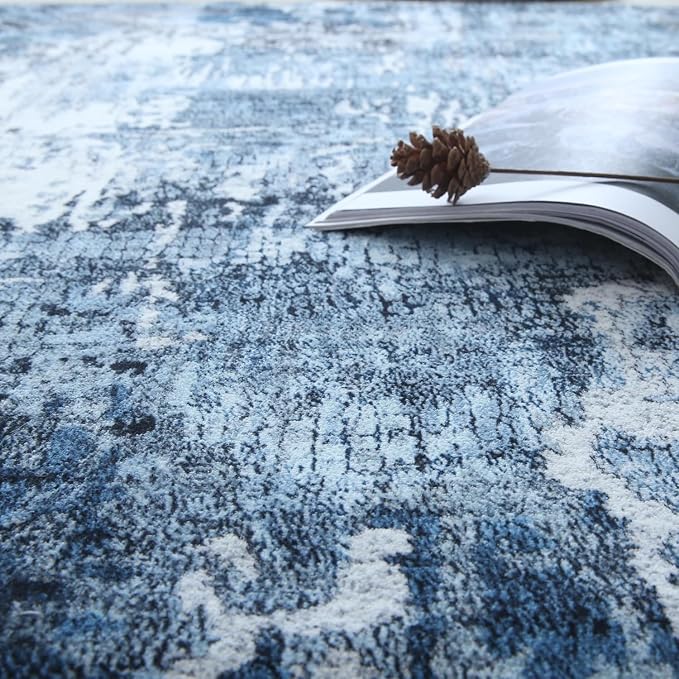 Rugcomf 8x10 Rug Washable Boho Rug Soft Large Area Rug Non-Slip Non-Shedding Faux Wool Vintage Rug for Living Room, Farmhouse, Dining Room, Indoor, Kids Playroom, Blue