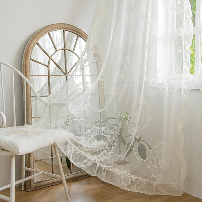 Sutuo Home Ivory Lace Curtains Set of 2, Sheer Panels 63 Inch Length Rose Floral Embroidery Vintage Voile Window Treatment Pair for Bedroom Living Room, Shabby Chic Decor Rod Pocket, W57 x L63