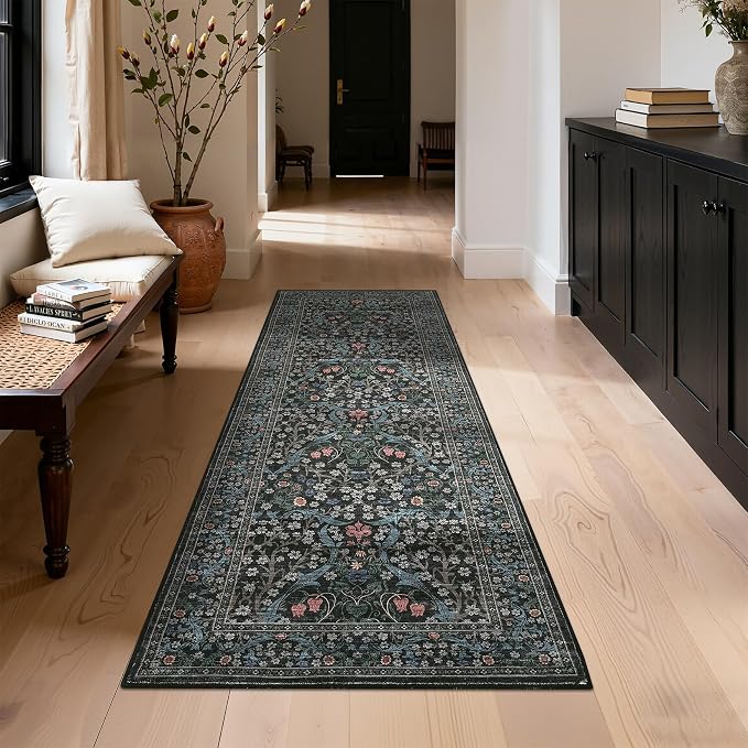 GarveeHome Washable Kitchen Runner Rug, Floral 2x6 Rug for Hallway Non Slip Stain Resistant, Ultra-Thin Boho Soft Hallway Rug Botanical Carpet for Entryway, Laundry Room, Bathroom Dark Black