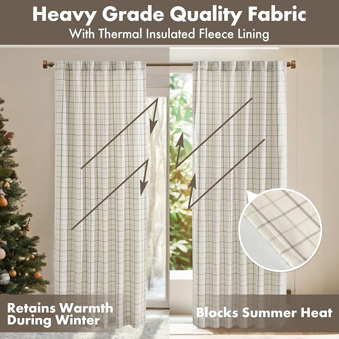 Madison Park Anaheim Cabin Plaid Curtain Window, Thermal Insulated Fleece Lining, Living Room Decor Room Darkening Drape for Bedroom, 1-Single Panel, 50x84, Rod Pocket & Back Tab, Natural (Pack of 4)