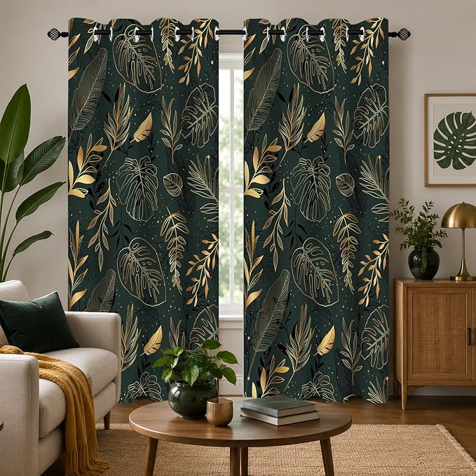 Tropical Leaves Blackout Curtains for Bedroom, Gold Leaf Dark Green Botanical Drapes Modern Window Curtains Darkening Thermal Insulated Grommet for Living Room Bedroom Decor 2 Panels 52x84 Inches