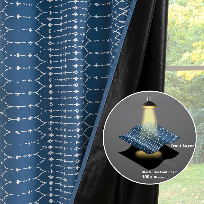 ColorBird 100% Blackout Heat Blocking Boho Curtains for Bedroom 84 Inches Navy Blue and White Sun Blocking Thermal Curtains & Panels for Living Room Striped Western Geometric Room Decor