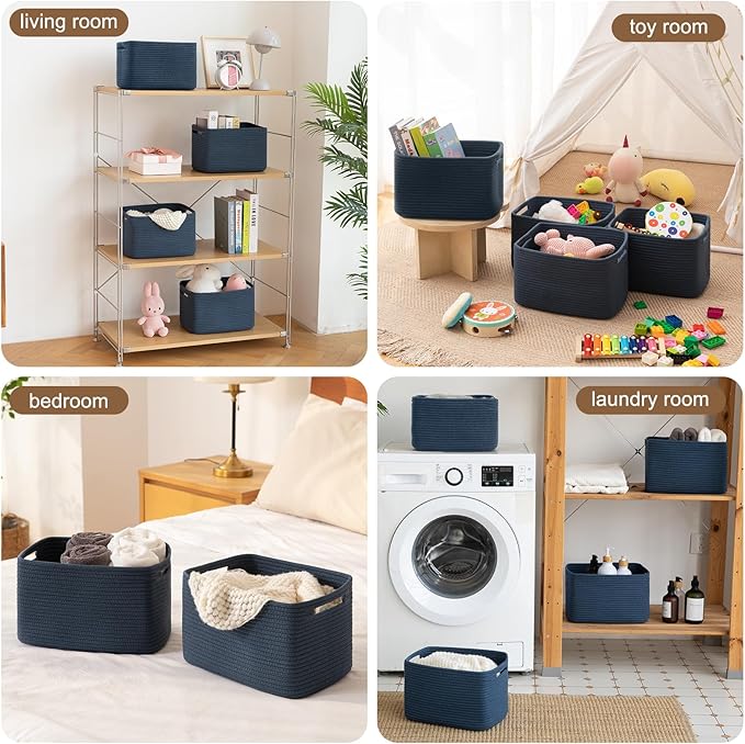 OIASKET Storage Baskets for Organizing, Woven Decorative Baskets for Shelves - Books, Towels, and Clothes, Cotton Rope Toy Storage Bins, 12.7''Lx9''Wx7.8''H, Pack of 4, Blue