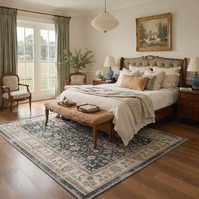 Bavni Washable Rugs 8x10, Machine Washable Rug Lightweight Low Pile, Oriental Floral Vintage Rug Non-Shedding Distressed Throw Carpet for Living Room Bedroom Office, Dusty Charcoal