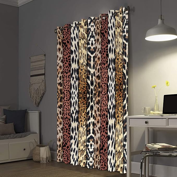 Wild Animal Print Curtain, Room Darkening Thermal Insulated Blackout Leopard Boa Window Drapes with Grommets for Living, Dining, Bedroom, Brown Leopard Print, 52"x 96", 2 Panels