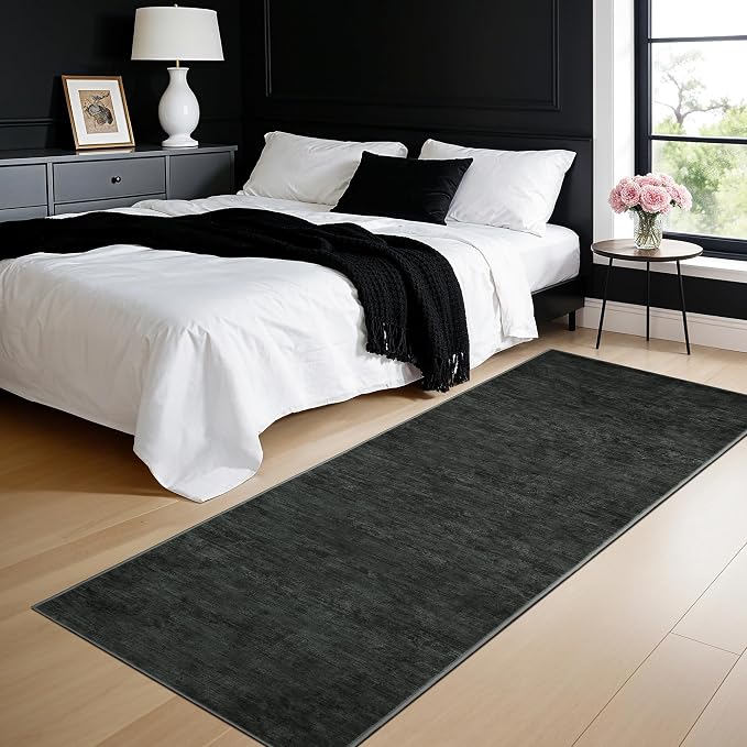 2.7x8 Washable Area Rug, Black Solid Area Rugs for Living Room & Bedroom | Stain-resistant & Non-slip backing,Low Pile Washable Large Carpet, Solid Vintage Style For High Traffic Areas(2.7x8,Black)