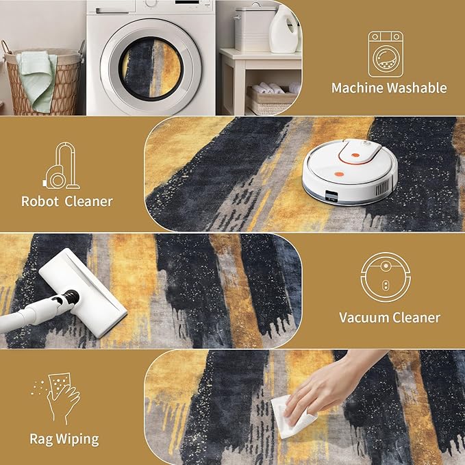 Ciicool Modern Abstract Area Rug 2x3 Washable Small Entryway Rugs,Black Gold Non-Slip Low Pile Throw Entry Rug, Foldable Kitchen Bathroom Rugs Floor Carpet for Entrance Bedroom Indoor Doormat