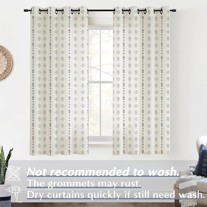 Blue and Cream Floral Farmhouse Curtains, Decorative Patriotic Curtains for Living Room Bedroom, 63 Inch Length