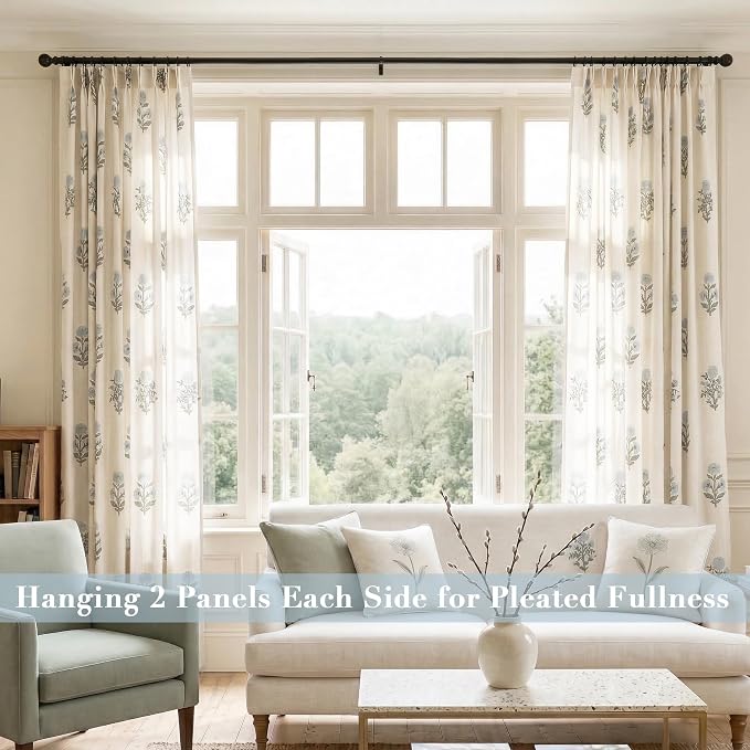 Floral Pinch Pleated Linen Farmhouse Curtains, Blue Green French Country Cottage Core Light Filtering Pleat Drapes, Vintage Block Print Patterned Sheer Panel for Living Room Bedroom, 90 Inch