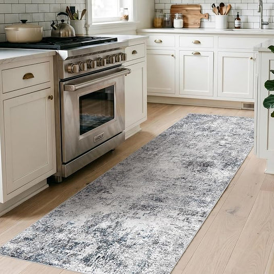 2x6 Washable Kitchen Runner Rug – Abstract Non-Slip Mat with Rubber Backing Indoor Modern Runner Rugs Low-Pile Soft Carpet for Hallway, Bedroom, Entryway, Hardwood (Blue Gray, 2x6)