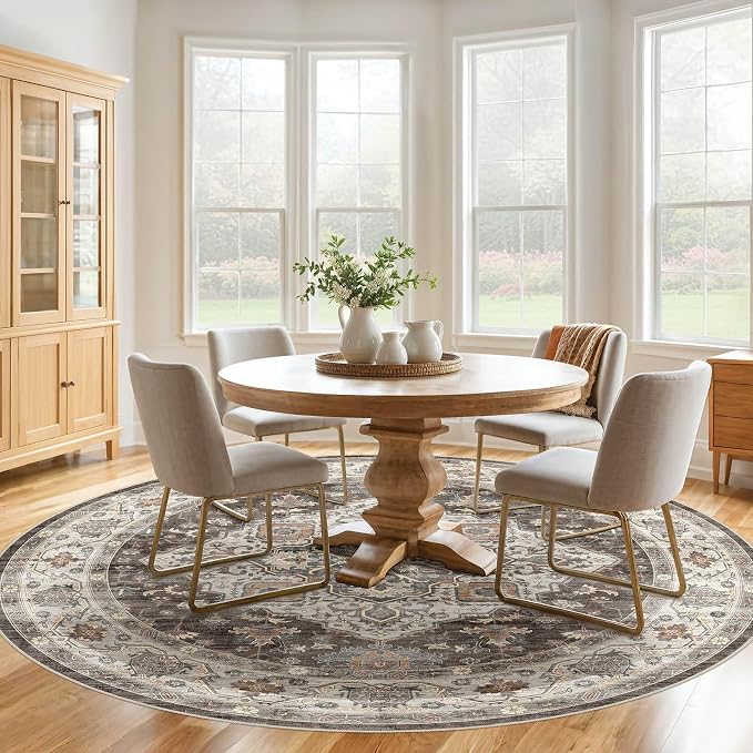 Round Rug Living Room Rugs: 10x10 Washable Boho Neutral Large Circle Soft Indoor Floral Stain Resistant Floor Farmhouse Carpet for Bedroom Nursery Kids Playroom Office Dining Room Dorm- Grey Brown