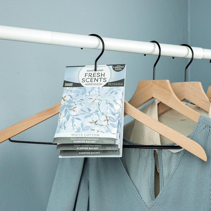 Fresh Scents Scented Sachets | White Cotton | Home Fragrance | Long Lasting (Up to 6 Months) | Air Freshener for Closets, Drawers, & Cars | 6 Pack