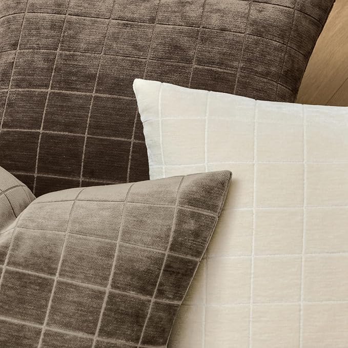 MIULEE Taupe Grey Plaid Decorative Fall Throw Pillow Covers 12x20 Set of 2 | Vintage Check Chenille Couch Pillows Boho Farmhouse Cushion Covers Modern Fall Home Decor for Sofa Bed Living Room