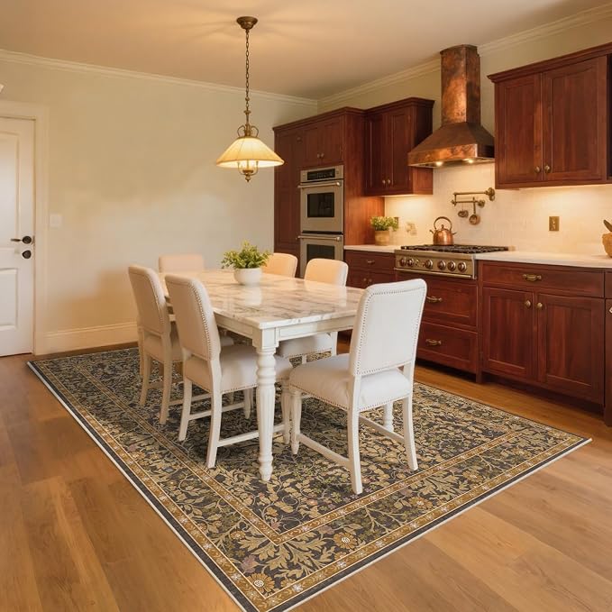 6x9 Washable Area Rugs for Living Room, Stain Resistant Vintage Rugs for Dining Room Under Kitchen Table, Bedroom, Floral Low Pile Non-Slip Large Carpet (6 x 9 Goldenrod)