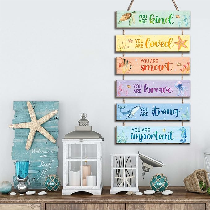6 Pcs Ocean Decor Kids Room Placards of Wood Decor, Watercolor Ocean Inspirational Positive Quotes Wall Art Hanging Sign for Kids Teens Children Bedroom Princess Toddler Room Nursery Dorm