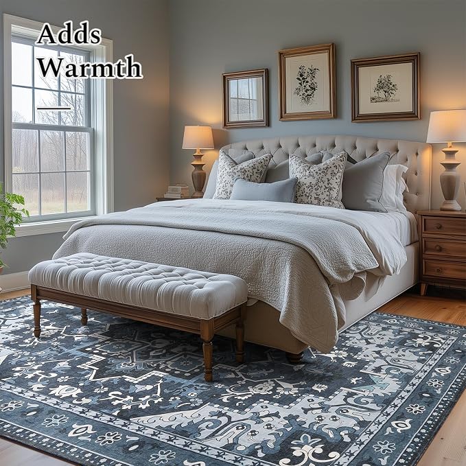 Rugflix 4x6 Area Rugs Machine Washable, Dark Navy Blue Carpet for Living Room, Oriental Indoor Area Rug Low Pile, Large Soft Thick Carpets Non Slip, Farmhouse Vintage Rug for Bedroom Dining Room