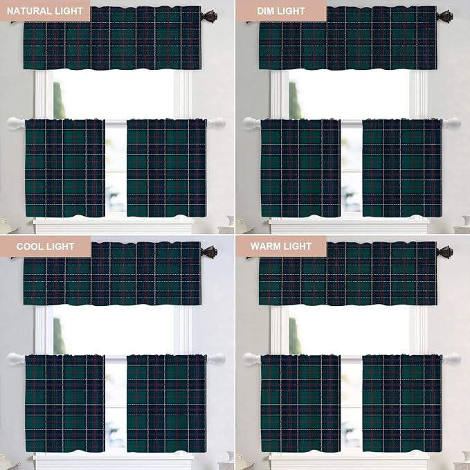 Shrahala Tartan Plaid Tier Curtains for Kitchen Windows,Green Scottish Fabric Kilt Twill Woven Window Curtain Panels Multilayer Polyester Blackout for Living Room Bathroom 2 Pack 26 x 24 in