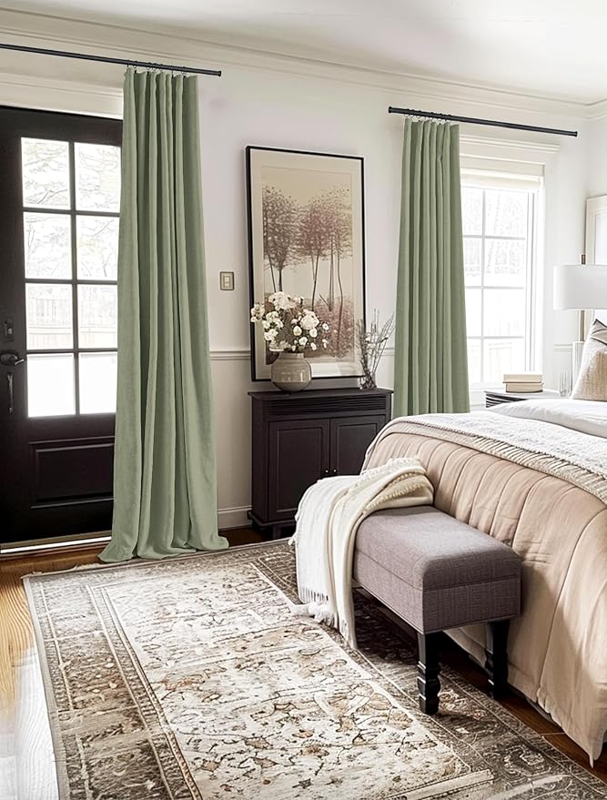 100% Blackout Shield Full Blackout Curtains for Bedroom 120 inch Length 2 Panels Set, Clip Rings/Rod Pocket Faux Linen Black Out Curtains for Living Room, Thermal Insulated, 50Wx120L, Light Sage