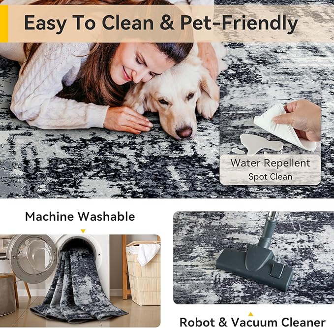 RELEANY Washable Area Rugs 2'x6' Non-Slip Modern Abstract Soft for Living Room Entryway Bedroom Kitchen, Print Pattern, Black Navy Blue Gray