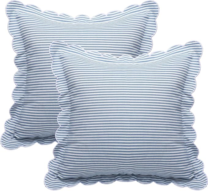 Newwiee 2 Pack Coastal Scalloped Pillow Cover 18 x 18 Inch Blue Stripe Throw Pillow Cover Cotton Decorative Pillowcase for Women Men Couch Living Room Cushion Indoor Outdoor Decoration