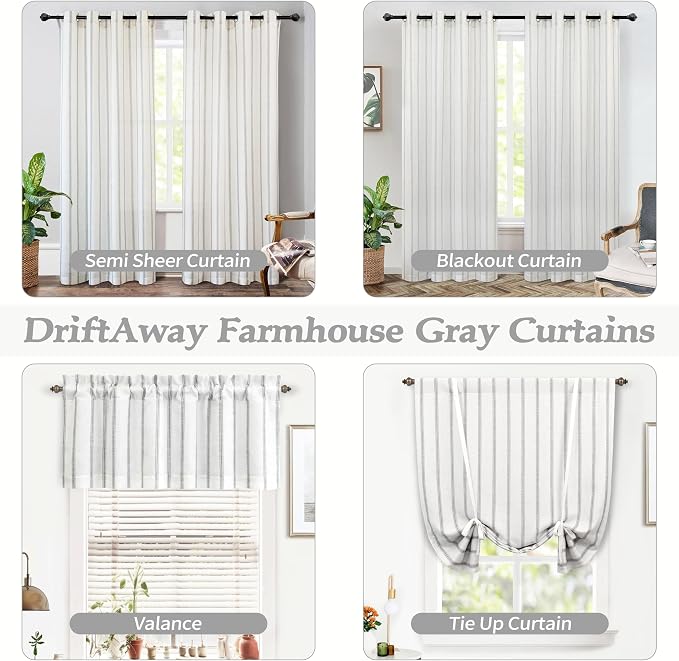 DriftAway Farmhouse Linen Lined Valance Double Layer Thermal Insulated Room Darkening Blackout Window Valances 3 Inch Rod Pocket Vertical Striped Kitchen Valance for Bathroom Single 52 x 14 Inch Gray