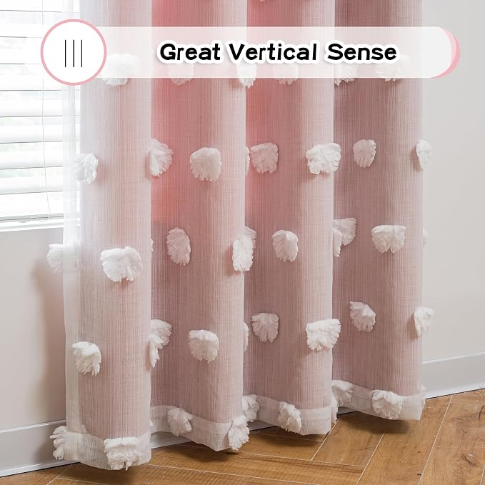 MYSKY HOME Pink Curtains for Girls Bedroom Nursery Curtain Double Layer White Pom Pom Sheer Window Panels for Kids Room Back Tab Room Darkening Window Drapes 72 Inches Length, W52 X L72, 2 Pieces