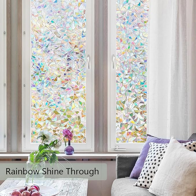 Finnez Window Privacy Film Rainbow Decorative Window Film, 3D Static Stained Glass Cling Tint for Home Heat Control Non-Adhesive, 17.5 x 118.1 inches