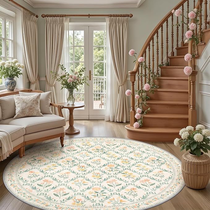 Round Area Rug for Living Room: 8 ft Floral Washable Circle Rug Soft Boho Non-Slip Carpet Indoor Floor Stain Resistant Low Pile Small Circular Rug for Bedroom Entryway Kitchen Nursery Beige/Multi